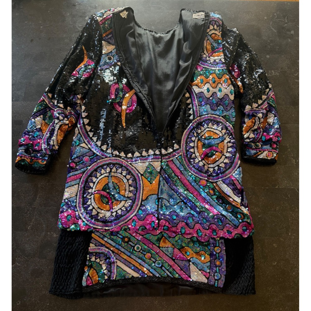 Judith Ann Creations Vintage Sequin Wearable Art Deco Mini Statement Dress Silk - Picture 10 of 16